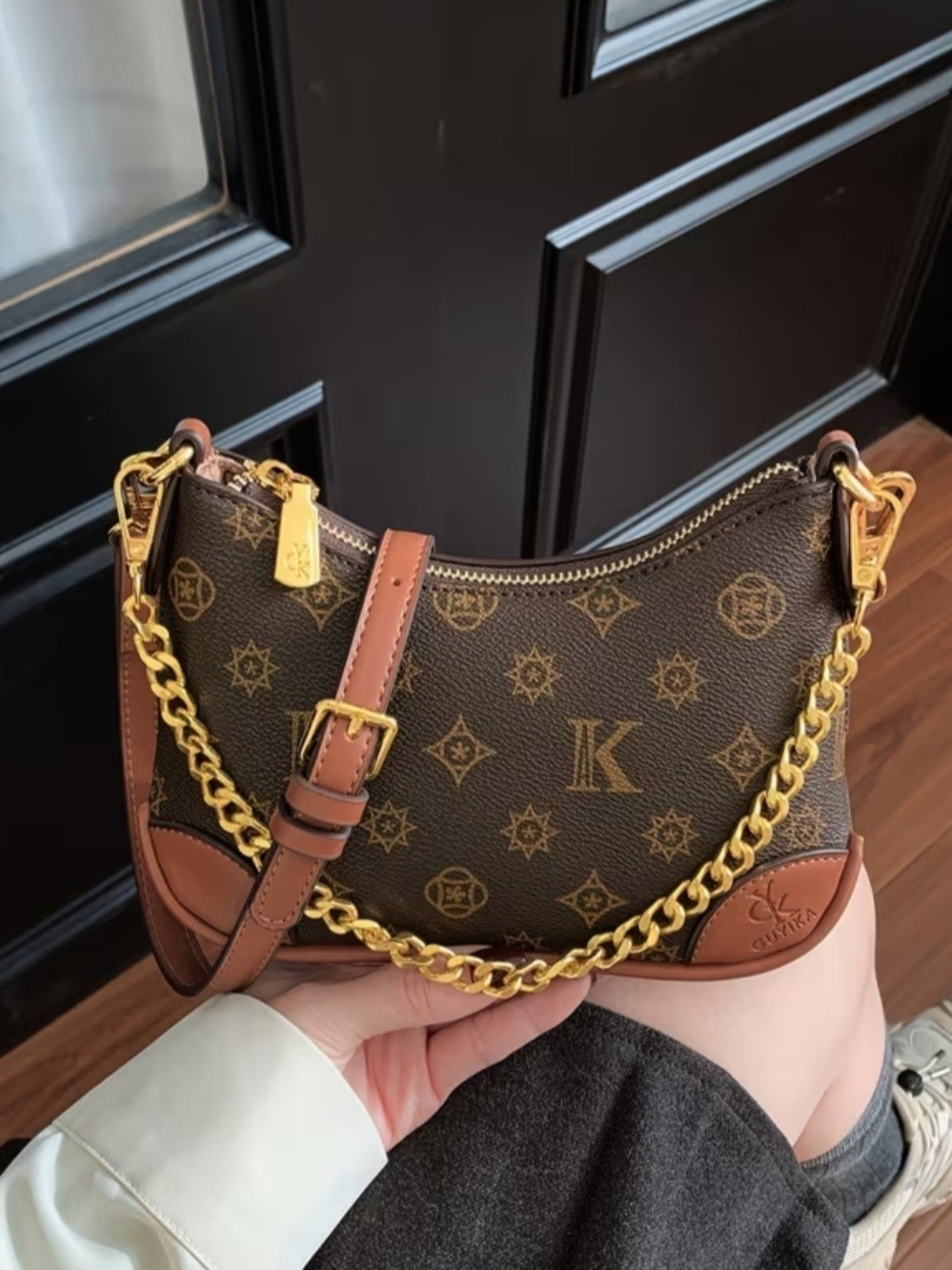 Brown Logo-Print Chain Shoulder Bag